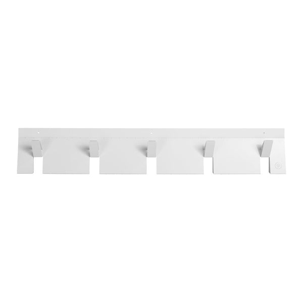 White wall-mounted coat rack with five hooks, featuring a smooth, minimalist design.