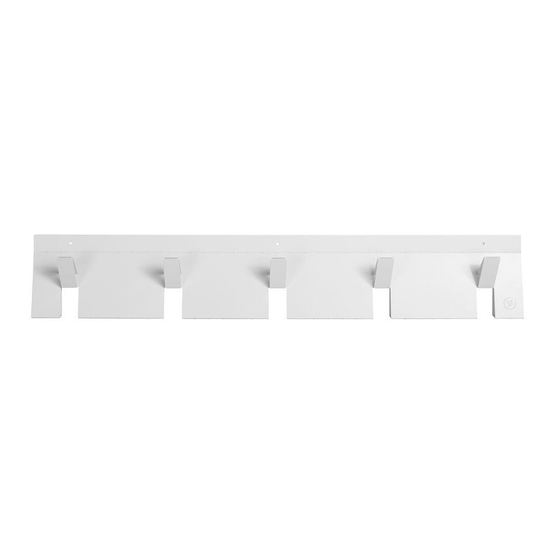 White wall-mounted coat rack with five hooks, featuring a smooth, minimalist design.