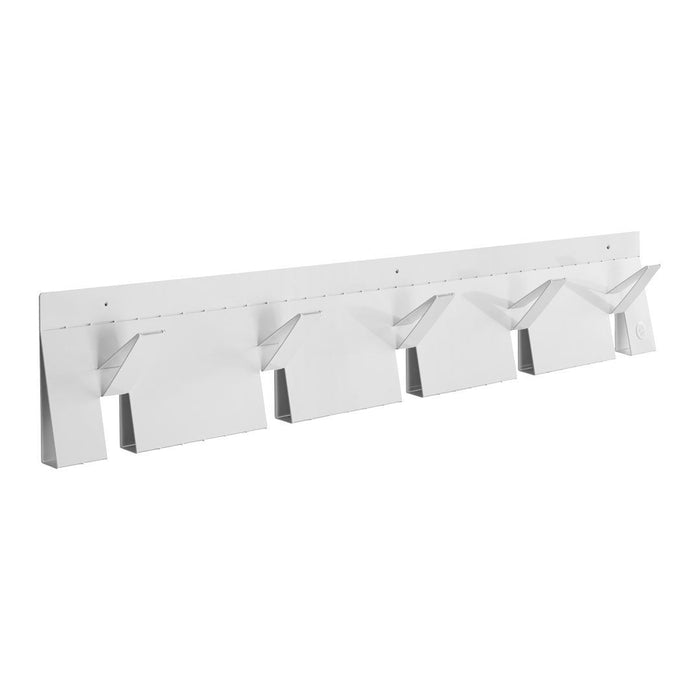 White wall-mounted organizer with a clean, minimalistic design and five pockets for storing items.