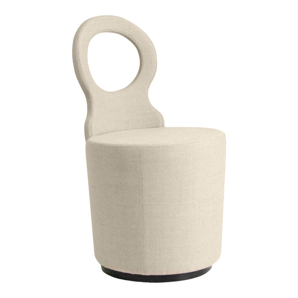 Beige upholstered chair with a unique circular cutout back and smooth, rounded base for a contemporary look.
