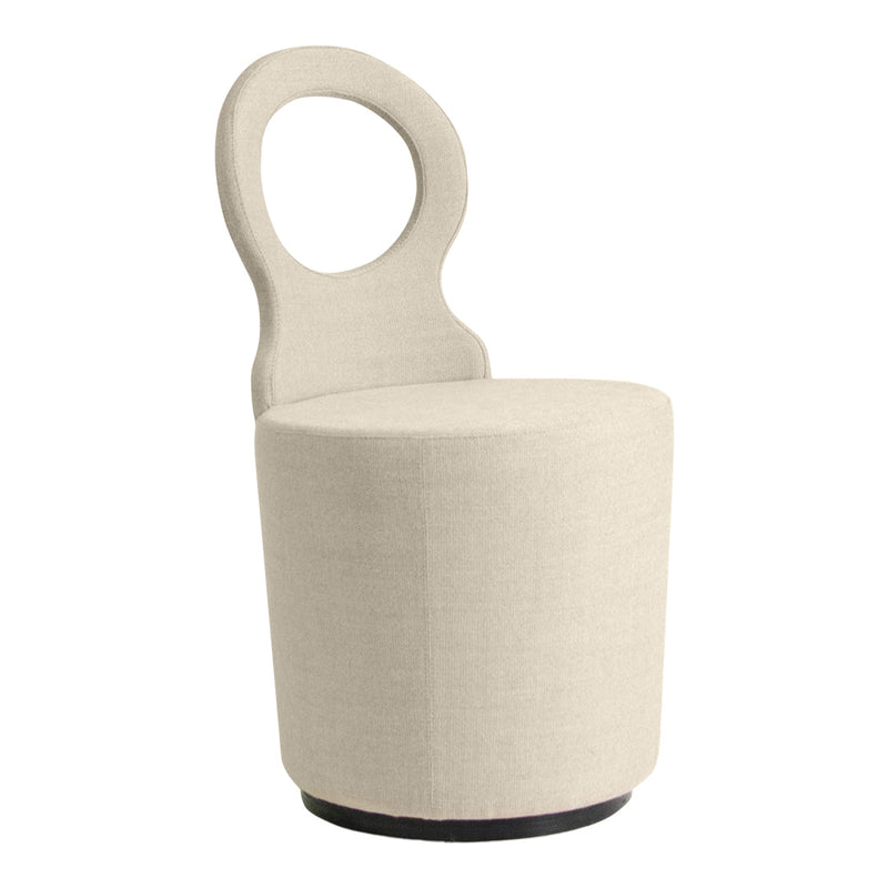 Beige upholstered chair with a unique circular cutout back and smooth, rounded base for a contemporary look.