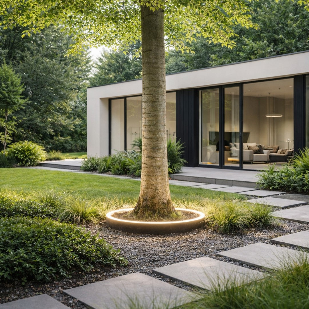 Modern outdoor scene showcasing lush green grass, a patterned stone walkway, and a circular LED light around a tree.