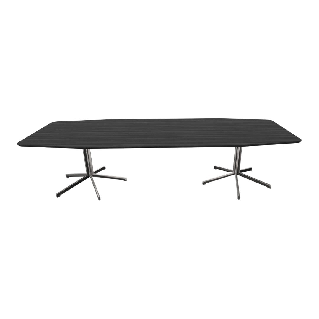 "Modern chairs in rich wood tones and soft blue upholstery, featuring sleek black metal legs and minimalist design."