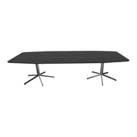 "Modern chairs in rich wood tones and soft blue upholstery, featuring sleek black metal legs and minimalist design."