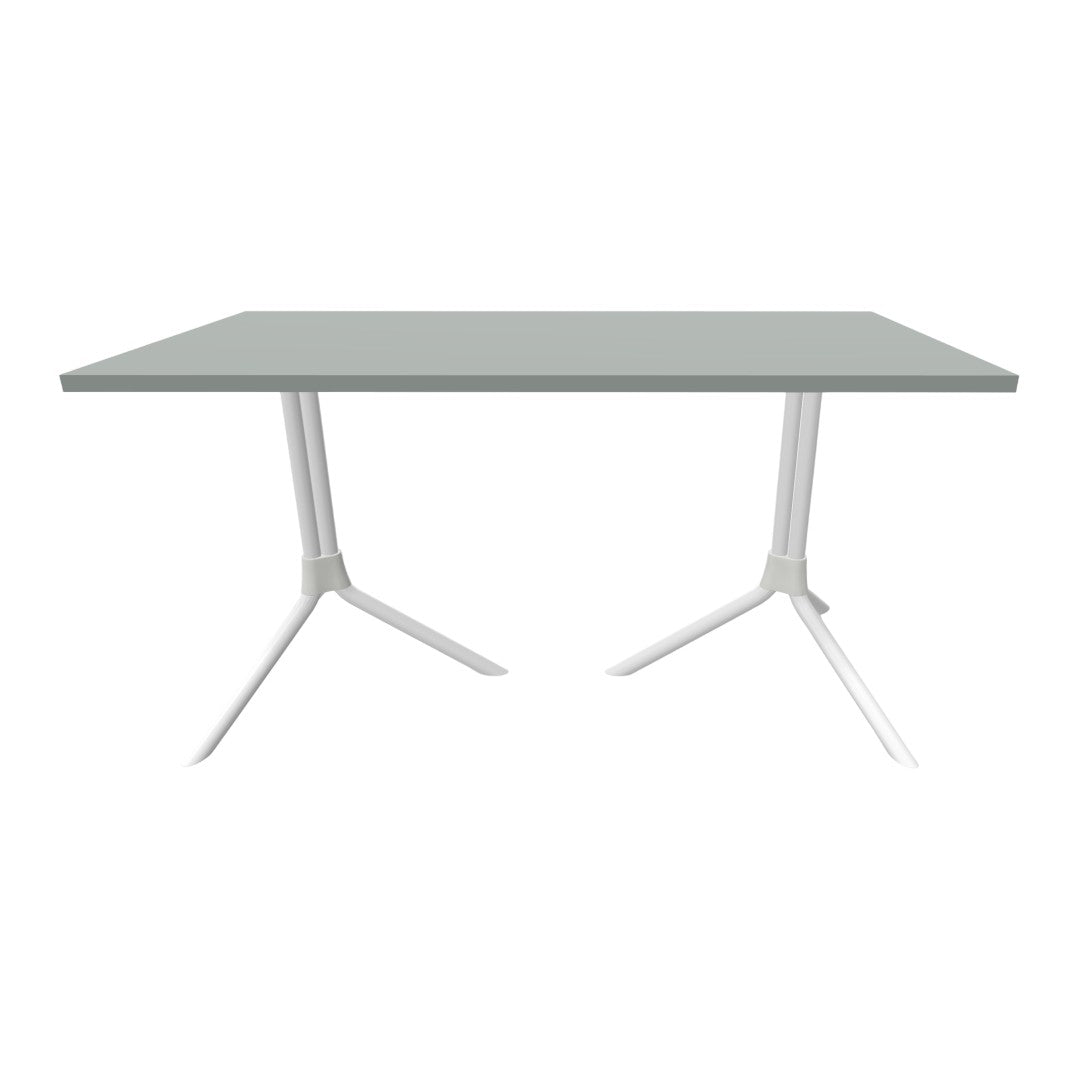 Light gray rectangular table with sleek white legs, featuring a minimalist modern design.