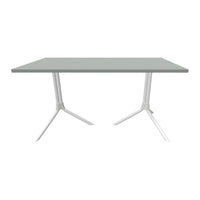 Light gray rectangular table with sleek white legs, featuring a minimalist modern design.