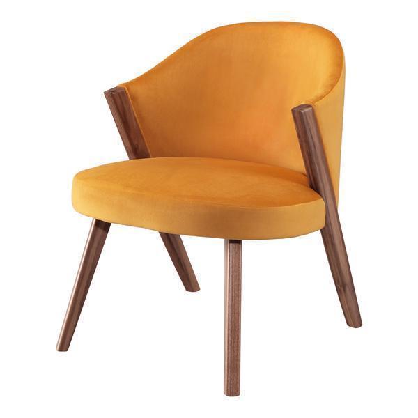 Vibrant mustard yellow velvet chair with sleek walnut wood legs and a modern curved design.