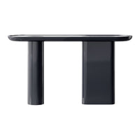 Glossy black console table with smooth, rounded edges and minimalist cylindrical legs, perfect for modern decor.