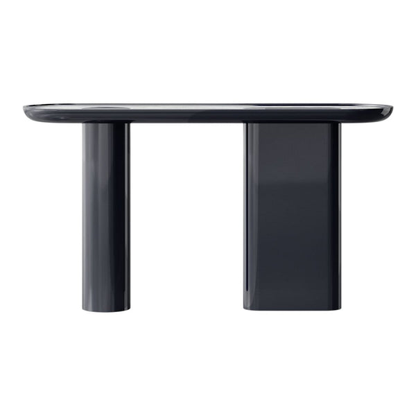 Glossy black console table with smooth, rounded edges and minimalist cylindrical legs, perfect for modern decor.