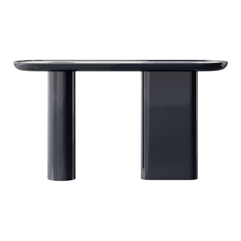 Glossy black console table with smooth, rounded edges and minimalist cylindrical legs, perfect for modern decor.