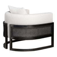 White textured upholstery with a curved black cane frame and subtle woven pattern. Elegant and modern design.