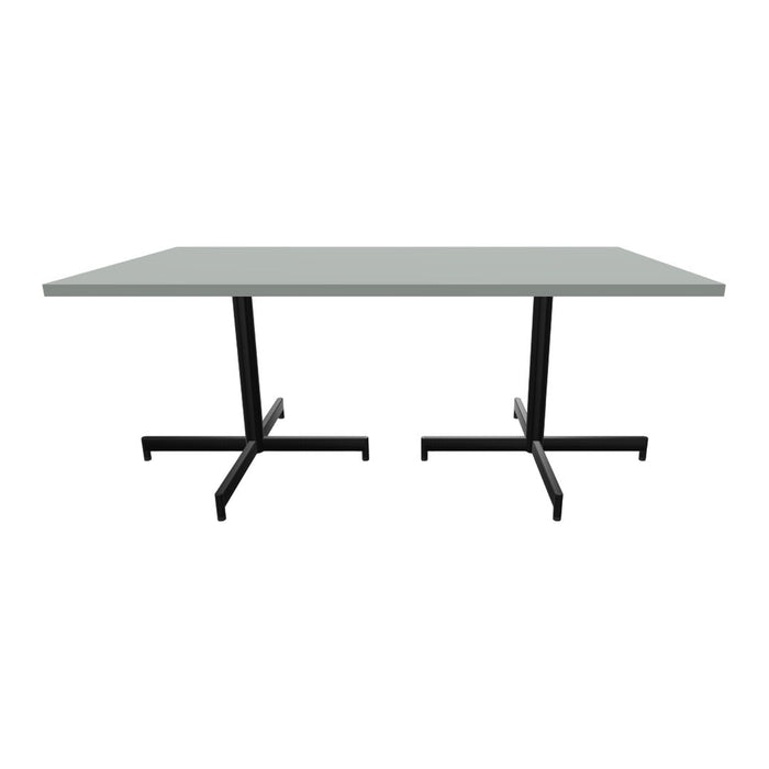 Gray table surface with black metal legs in a minimalist design, perfect for modern spaces.