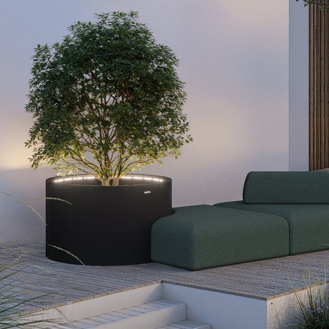 "Modern black planter with subtle illumination, featuring lush greenery against a minimalist backdrop and muted green sofa."