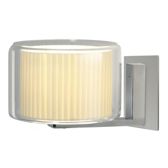 Clear glass wall sconce with a ribbed white shade and sleek silver metallic base. Elegant and modern design.