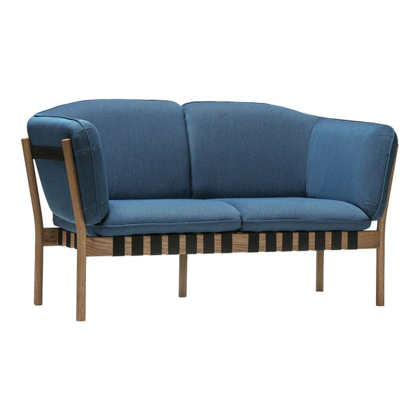 Blue upholstered loveseat with a wood base featuring black and natural striped detailing. Elegant and modern design.