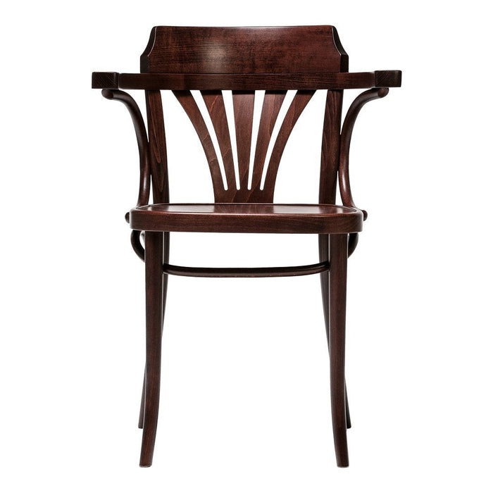 Dark mahogany wood dining chair with curved backrest and vertical slat pattern. Elegant, classic design.