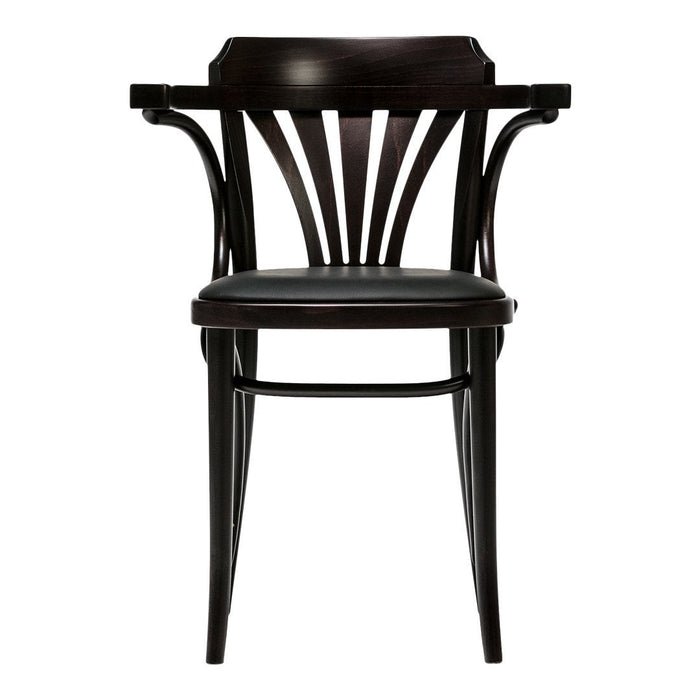 Dark wood armchair with sleek lines and a curved backrest, featuring a smooth black leather seat. Elegant and contemporary design.