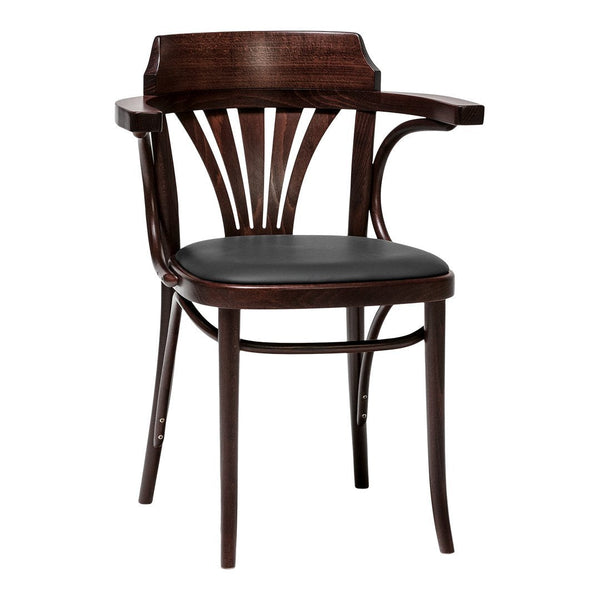 Dark wood armchair with a sleek black leather seat and elegant curved slat back design. Timeless and stylish.