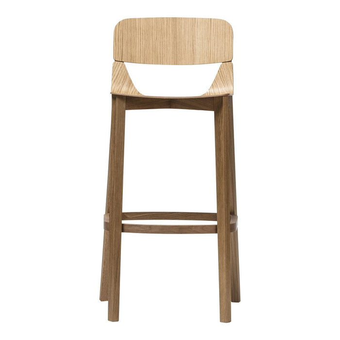 Natural wood bar stool with a light wood seat and dark wood legs, featuring a smooth finish and minimalist design.