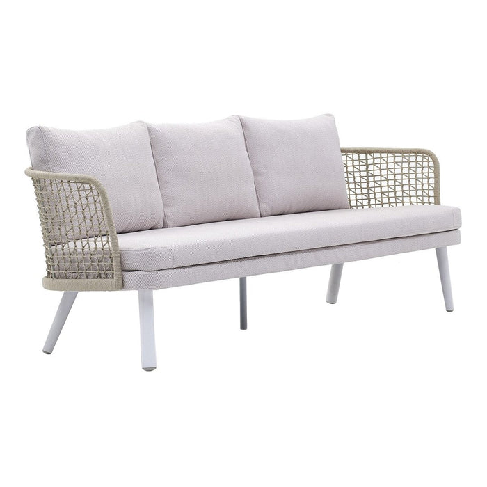 Light gray cushions with a woven beige frame and white legs, perfect for modern outdoor decor.