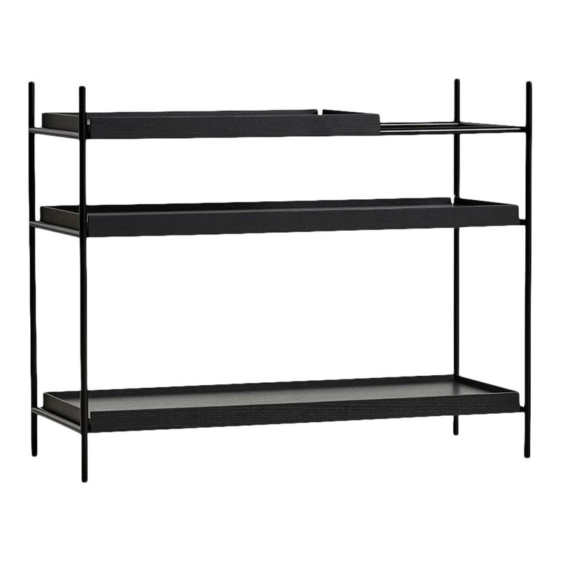 "Modern black metal shelf with a sleek, minimalist design and clean lines."