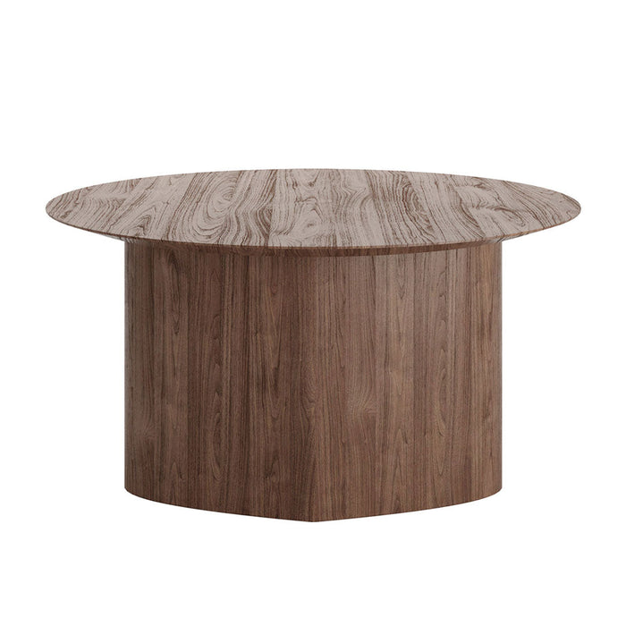 Round wooden coffee table in a rich, dark walnut finish with a textured, natural grain pattern.