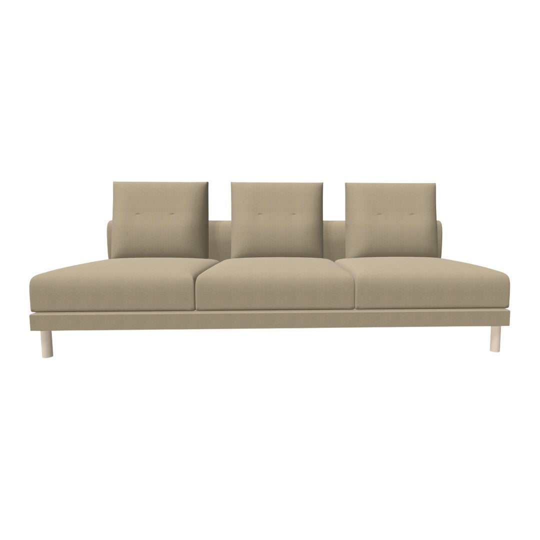 Beige modern sofa with a clean design and textured upholstery, featuring three plush back cushions and light wood legs.