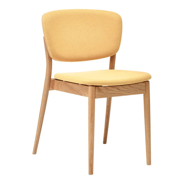 Modern yellow upholstered chair with a smooth texture and natural wood legs, showcasing a minimalist design.