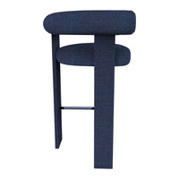 Navy blue crafted bar stool with a textured fabric pattern and sleek black legs, perfect for modern decor.