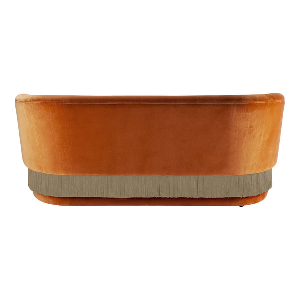 "Velvet orange sofa with a textured beige fringe base, perfect for adding vibrant charm to any space."