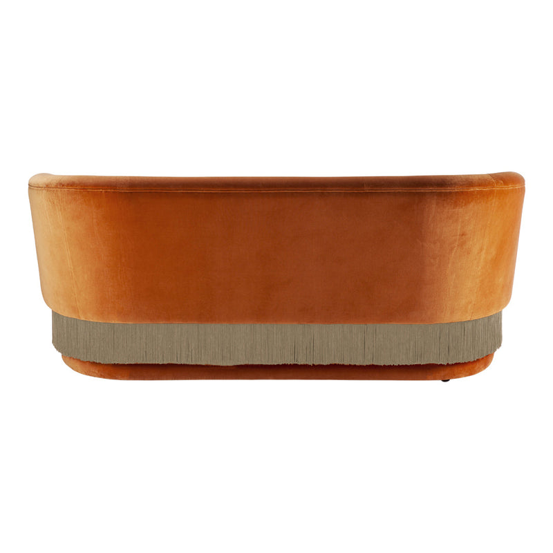 "Velvet orange sofa with a textured beige fringe base, perfect for adding vibrant charm to any space."