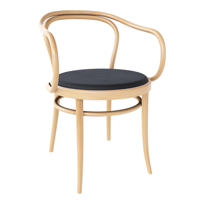 Natural wood chair with black cushion, featuring smooth curves and minimalist design for modern decor.
