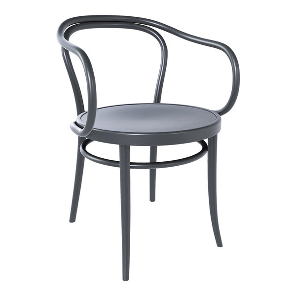 Gray bentwood chair with a smooth finish and curved armrests, featuring a simple, modern design.