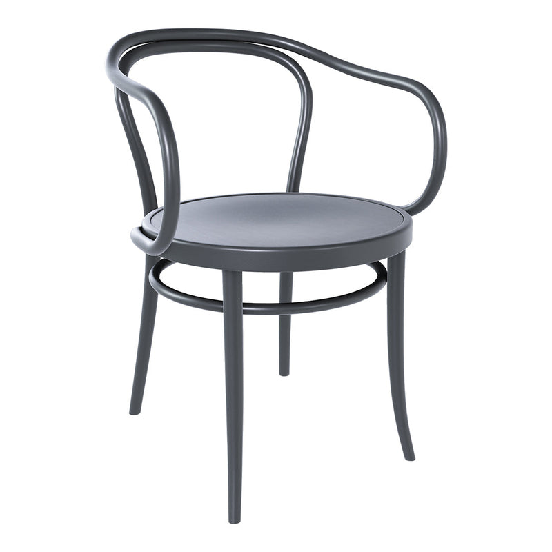 Gray bentwood chair with a smooth finish and curved armrests, featuring a simple, modern design.