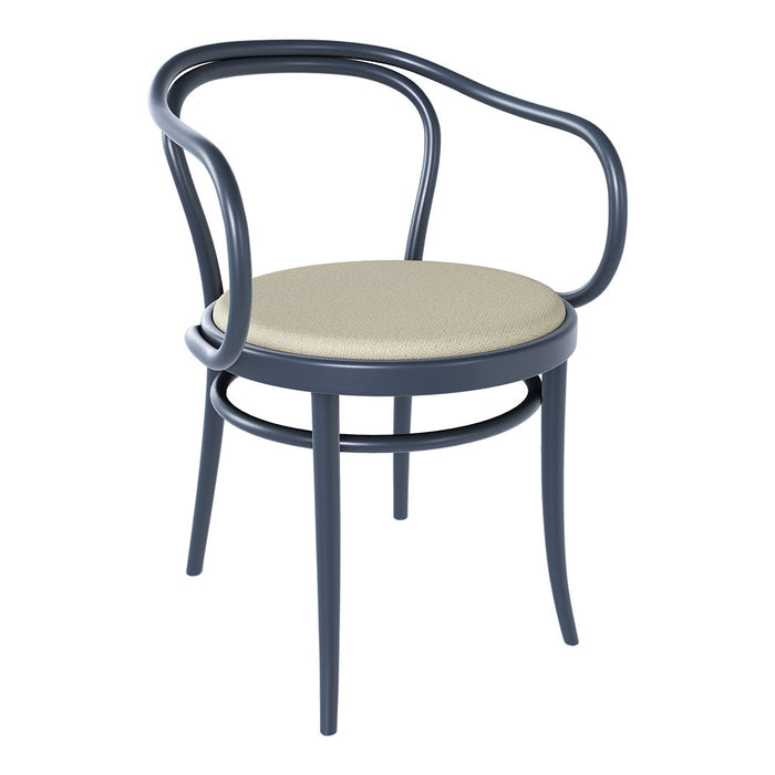 Navy blue chair with a beige padded seat and smooth, curved wooden armrests. Classic design with a contemporary touch.