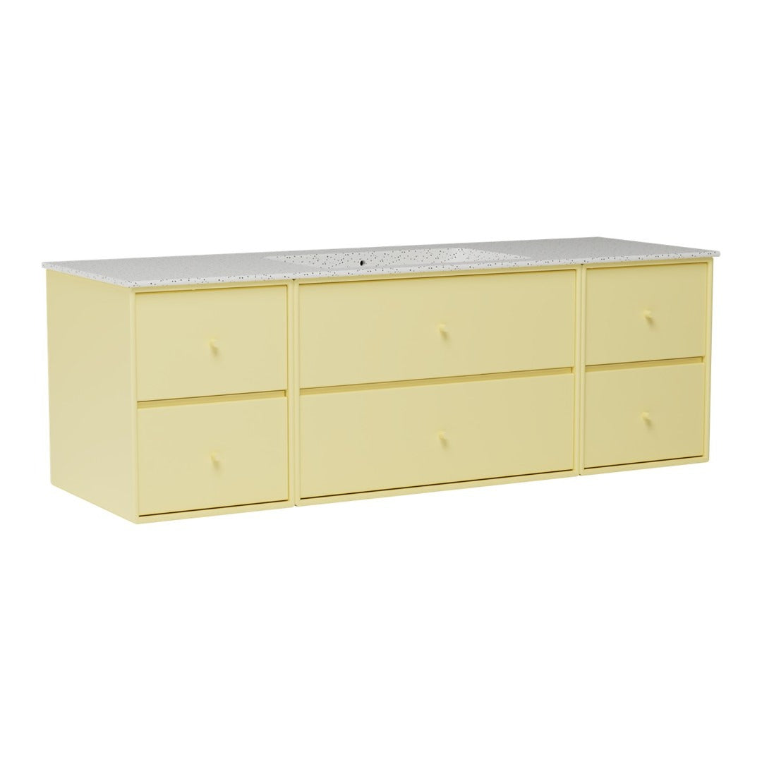 Light yellow dresser with a smooth white top and six spacious drawers, perfect for stylish storage solutions.