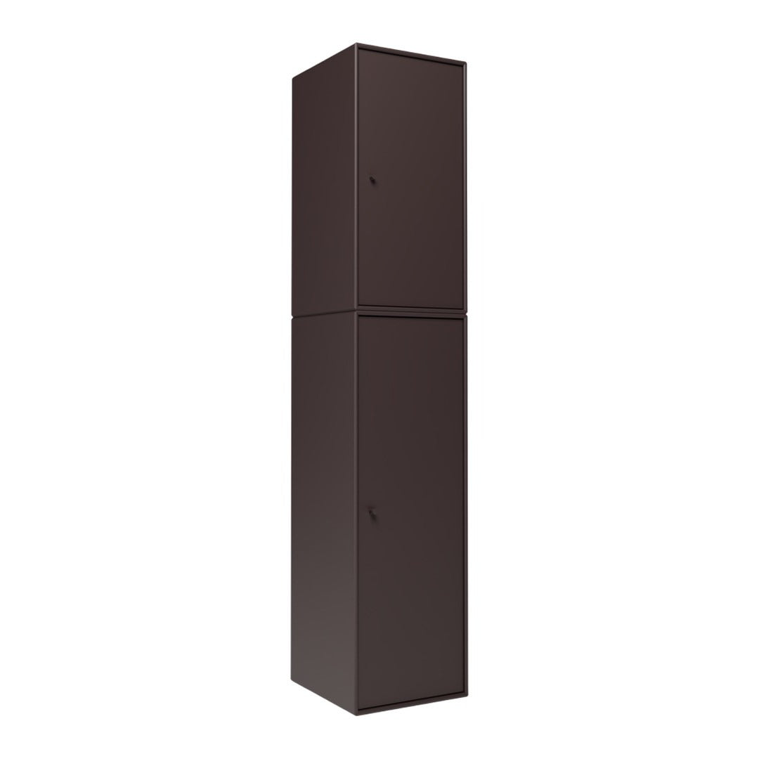 Tall, dark brown storage cabinet with a sleek, minimalist design and no visible patterns.