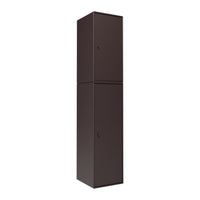 Tall, dark brown storage cabinet with a sleek, minimalist design and no visible patterns.