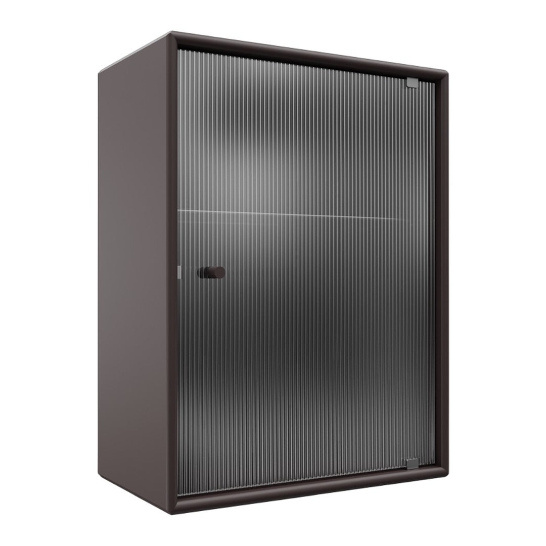 Brown storage cabinet featuring a sleek, ribbed glass door design in dark gray tones. Modern and stylish storage solution.