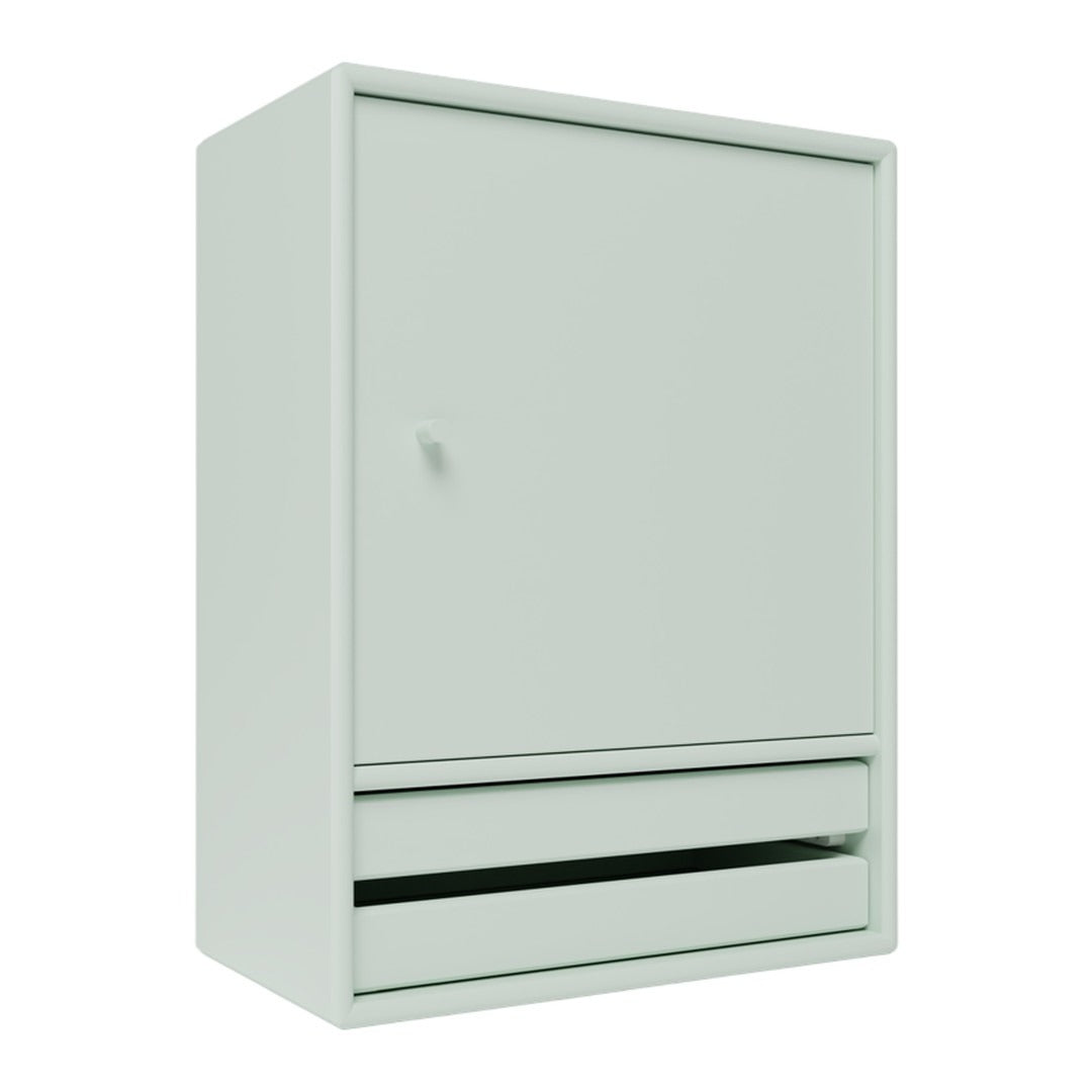 Light green cabinet with a smooth matte finish and sleek, minimalist design. Features a single door and bottom drawer.