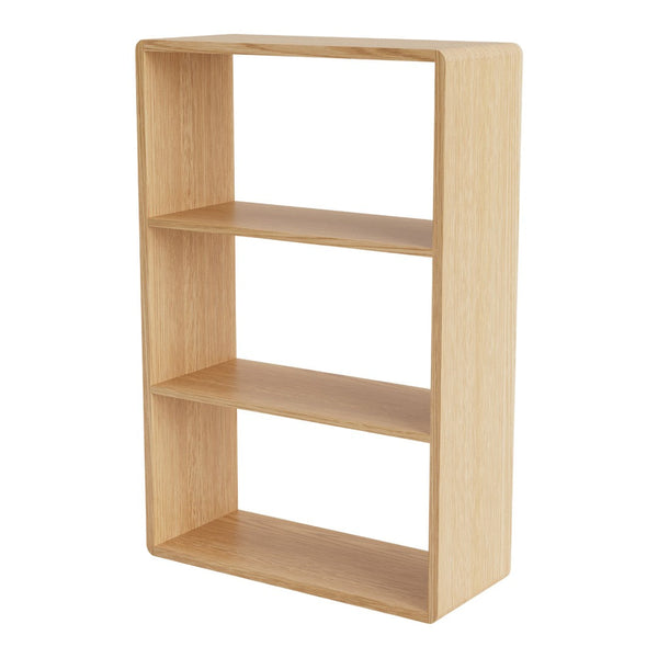 Light natural wood bookshelf with three open shelves and a smooth, minimalist design. Ideal for modern decor.