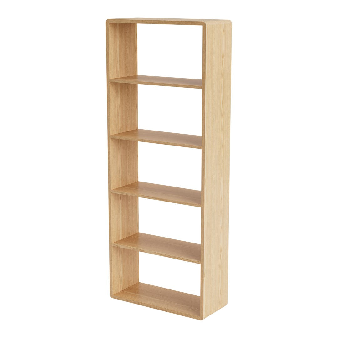 Natural wood bookshelf with a light beige finish and a simple, sleek design featuring five open shelves.