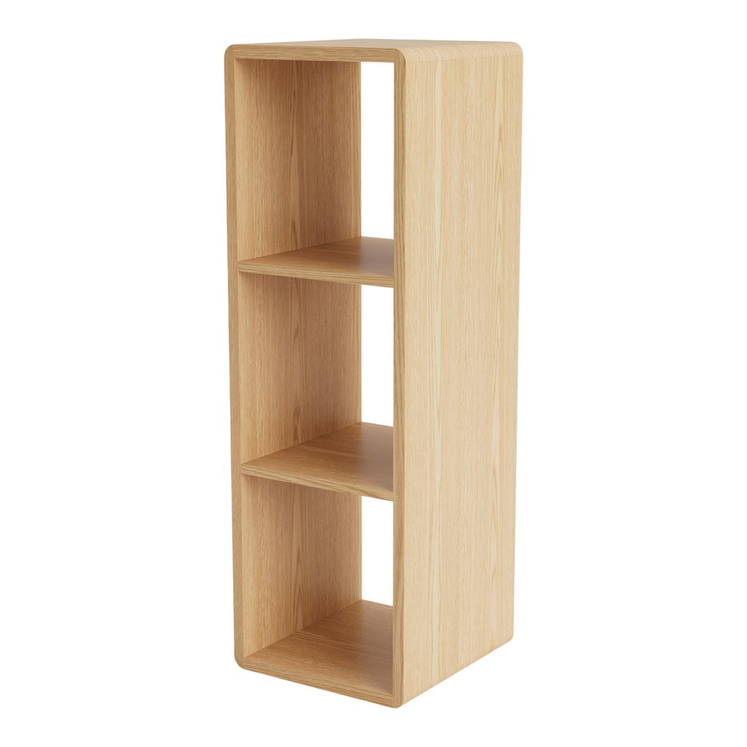 Natural light wood bookshelf with a smooth finish and three open compartments. Ideal for modern home decor.