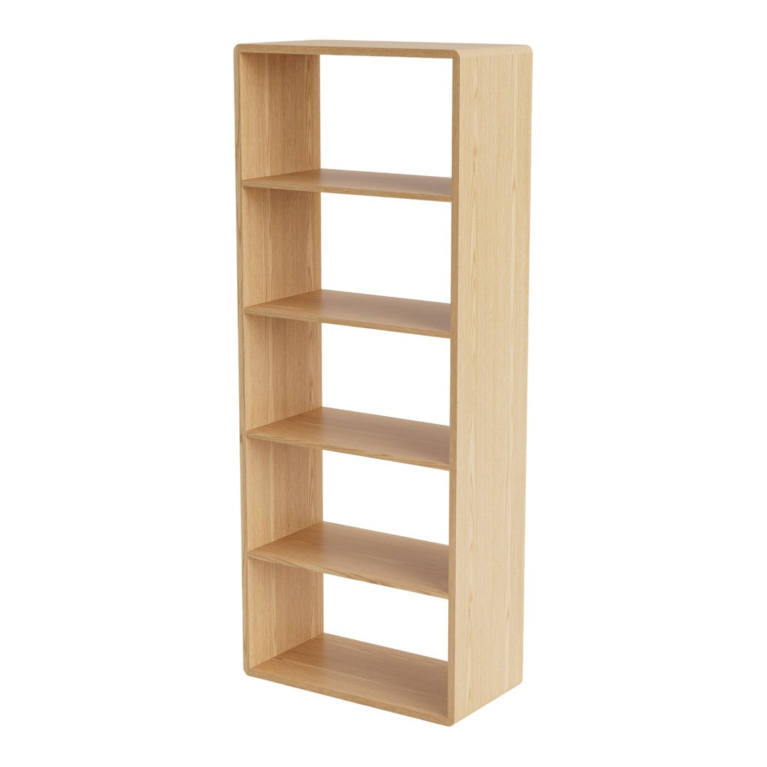 Light natural wood bookcase with clean lines and a minimalist design, featuring five open shelves for versatile storage.