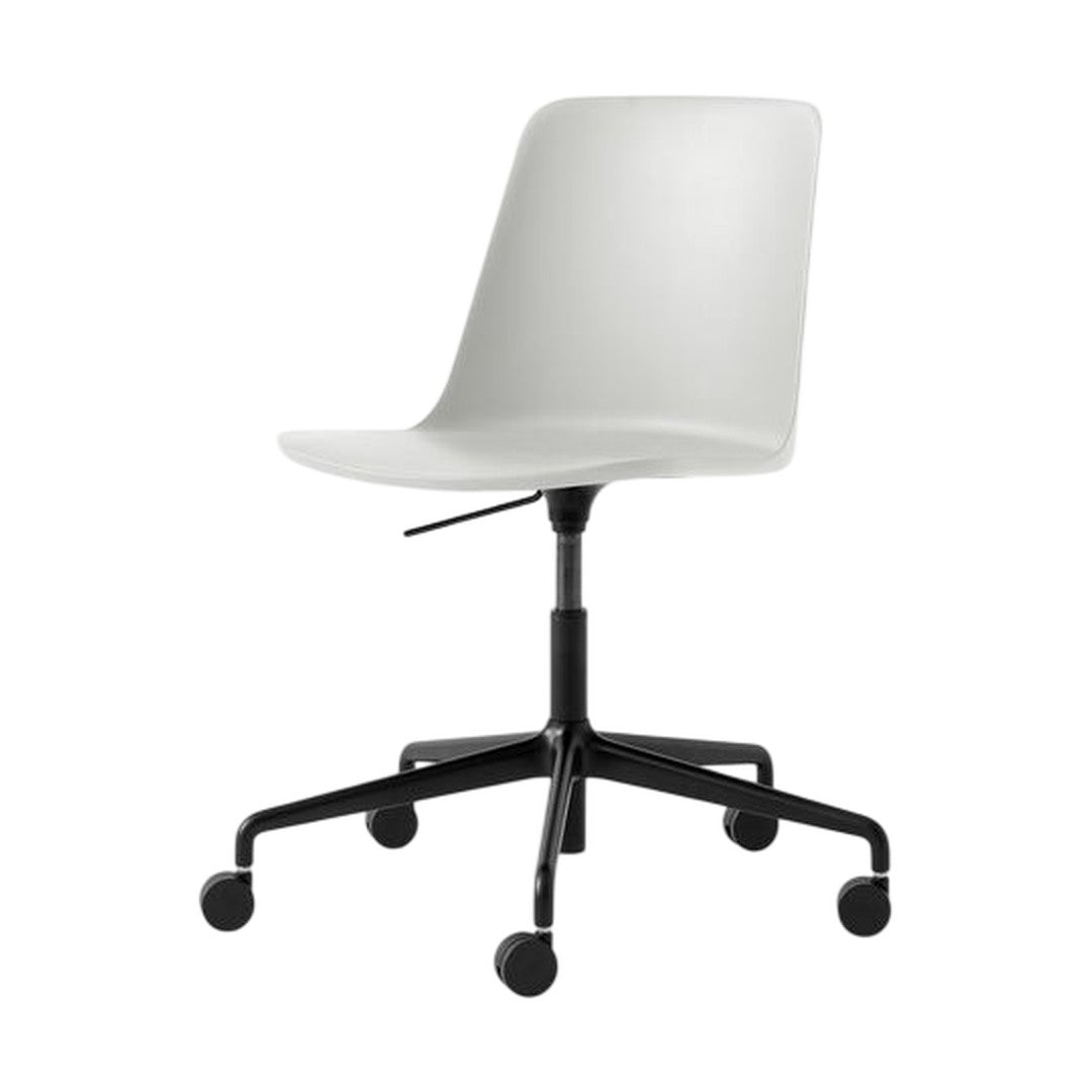 White ergonomic office chair with a smooth surface and a sleek black rolling base. Ideal for modern workspace aesthetics.
