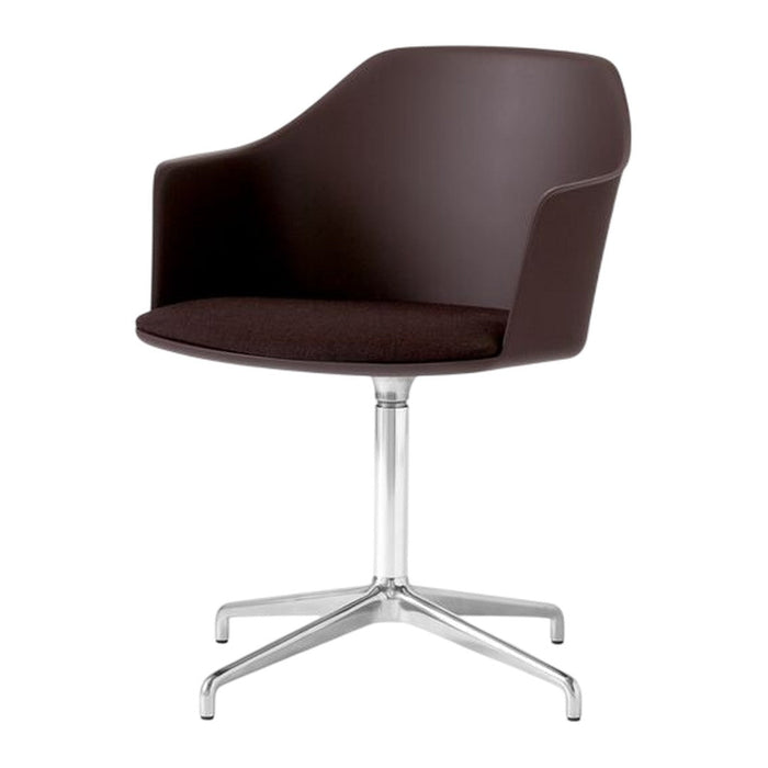 Brown upholstered chair with a sleek chrome base, featuring a smooth, modern design and comfortable curved armrests.