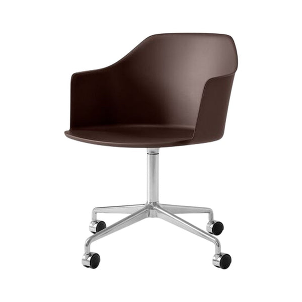 Brown swivel chair with sleek design and chrome base, featuring a minimalist silhouette and smooth finish.