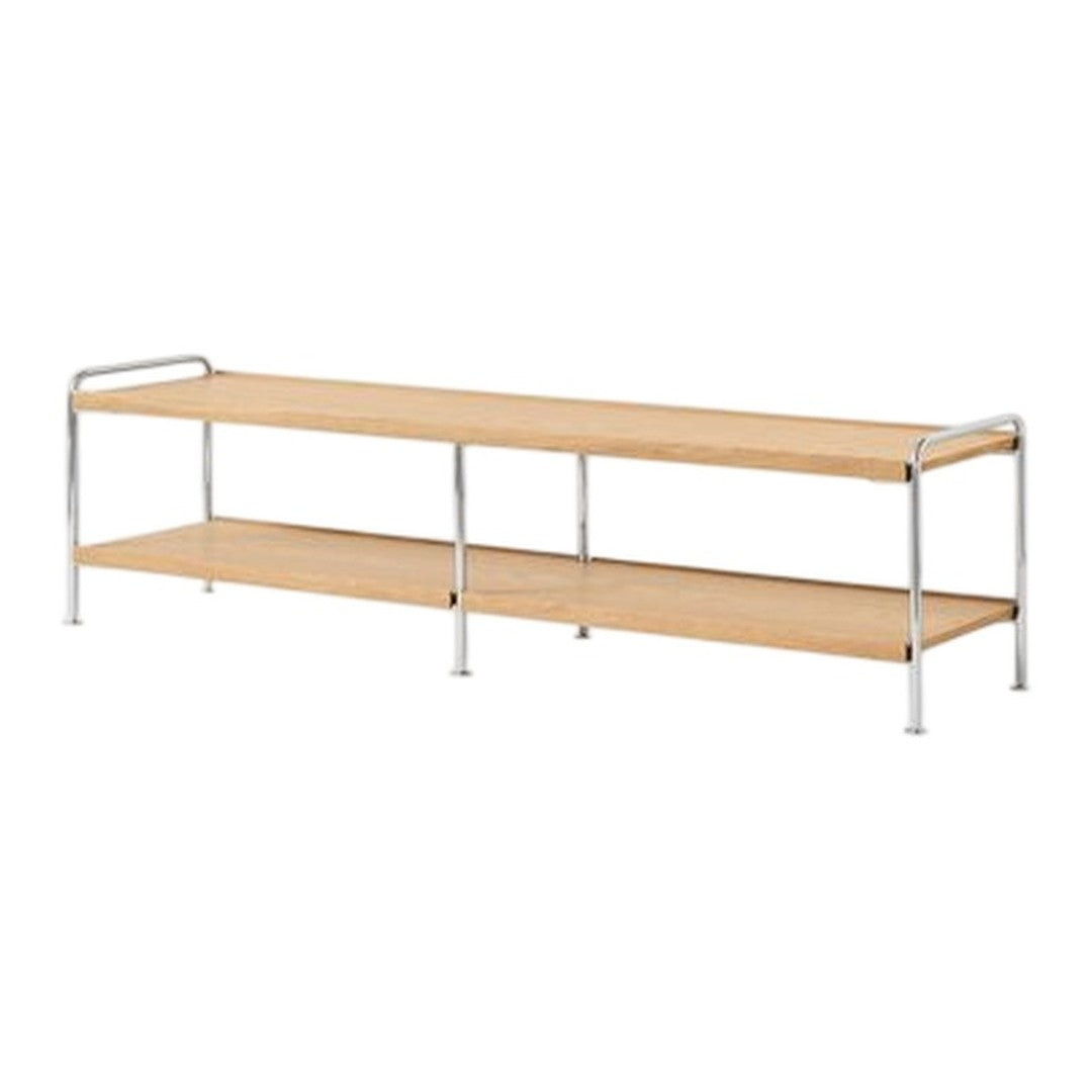 Natural wood finish with light beige tones and sleek silver metal frame; modern, minimalist design.