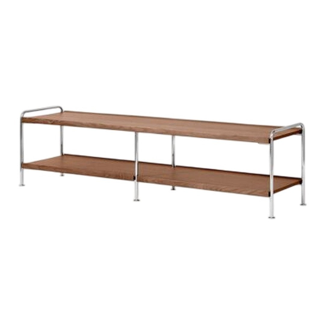 Wooden shelf with a warm brown finish and sleek chrome frame, featuring two open tiers and a minimalist design.
