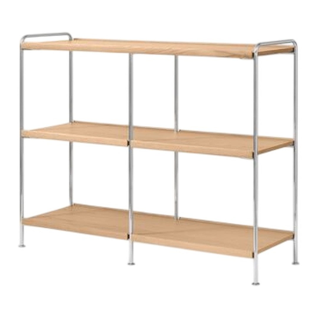Natural wood shelves with a light beige finish and sleek silver metal frame. Minimalist design, no patterns.
